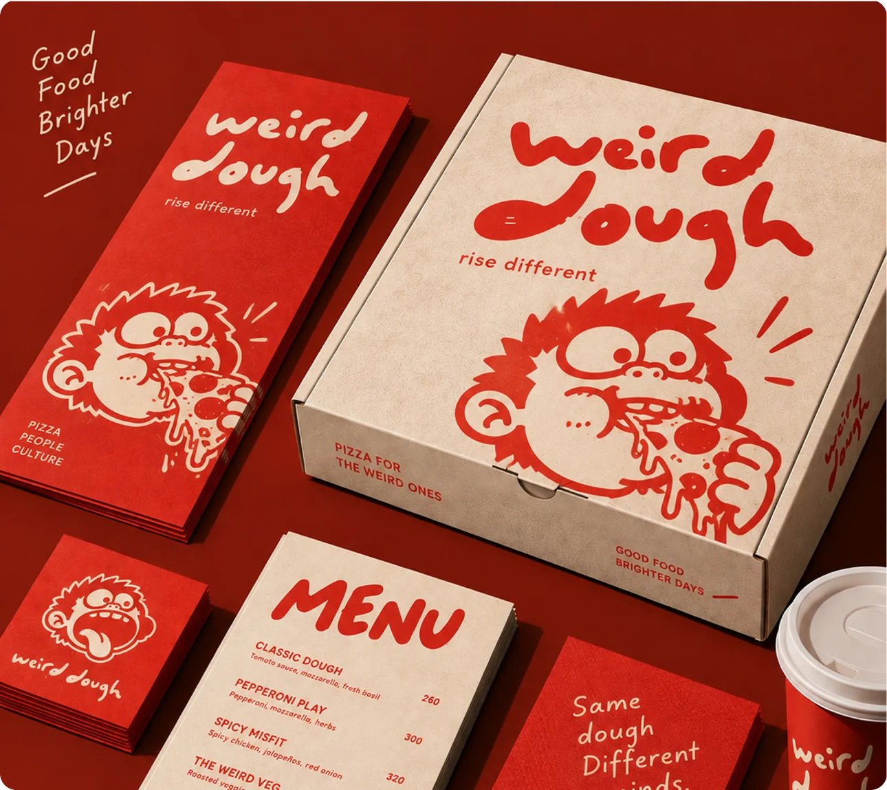 Weird Dough Pizza packaging showcase and typography